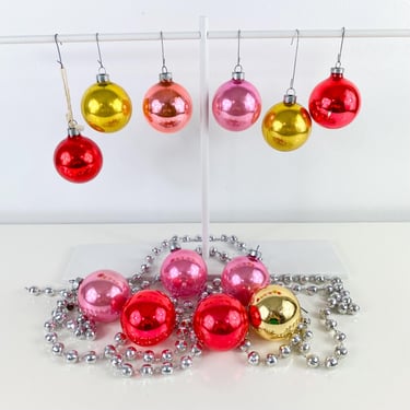 Vintage Glass Christmas Tree Ornaments, One Dozen Mixed Colors, Pink, Gold, Red tones, pastel holiday decor, Retro Christmas Ornaments 