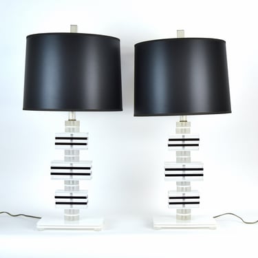 Vintage Pair Midcentury Modern Black White Clear Lucite Table Lamps 