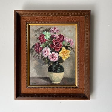 1960's T. Mura Floral Still Life Oil on Canvas Painting, Frame 