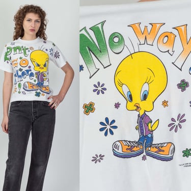 90s Tweety Bird "Don't Go There!" T Shirt - Small | Vintage All Over Print White Looney Tunes Cartoon Graphic Tee 