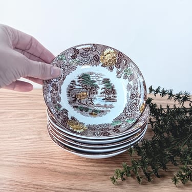 6 Nasco Mountain Wood-Land Brown Ceramic Berry Dessert Bowls/ Japan/ 1950s/ Country Cottage Core Farmhouse/Autumn Thanksgiving Table 