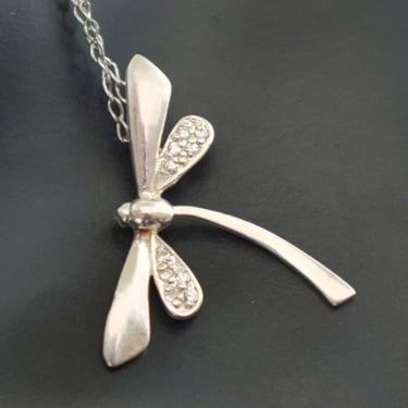90's sterling crystal dragonfly pendant, whimsical SB 925 silver abstract insect bling necklace 