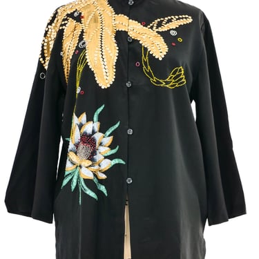 Black Embellished Painted Silk Blouse