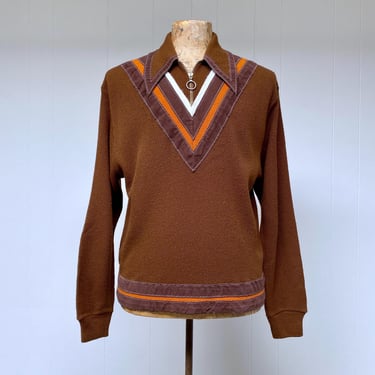 Vintage 1970s Brown Casual Knit Zipper Pullover, 70s Long Sleeve Acrylic Vegan Hipster Sweater, Large 44