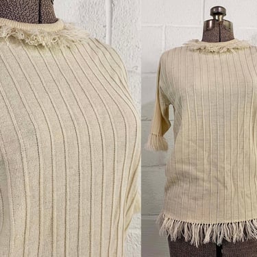 Vintage Sweater Ivory 3/4 Sleeve Knit Cream White Mod Jumper 1970s 70s Ribbed Helen Sue Medium Large 