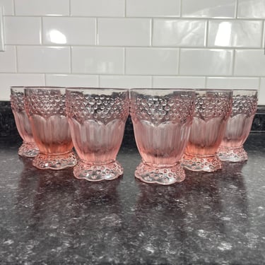 Emily's Attic Pink by Gotham Crystal, Set of 6 Double Old Fashioned Glasses, Pink Textured Hobnail Design, Vintage Pink Crystal Bar Decor 