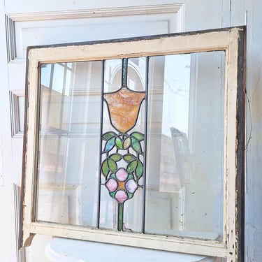 Antique Stained Glass Transom, Stained Glass Window, Beveled Glass, Victorian Window, Yellow and Blue Glass, Leaded Window 072904 