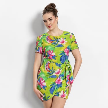 FLORAL WRAP DRESS Vintage Mini Flowy Lime Green Tropical 80's / Medium 