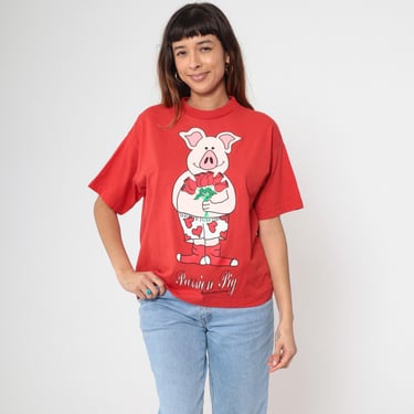 Vintage 90s Red Passion Pig T-Shirt Romantic Valentines Day Funny Graphic Tee 1990s Roses & Hearts Short Sleeve Cotton 1995 Small Medium 