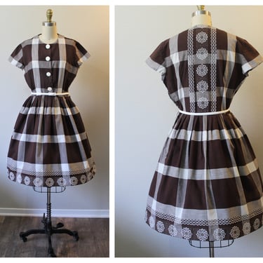 1950s Dress / Vintage 40s 50s Brown White checkered plaid Embroidered Cotton Day Dress summer spring short sleeve vtg  // US 8 10 med Large 