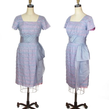 1950s Dress ~ Blue Tiered Lace Cocktail Dress With Organdy Bow 