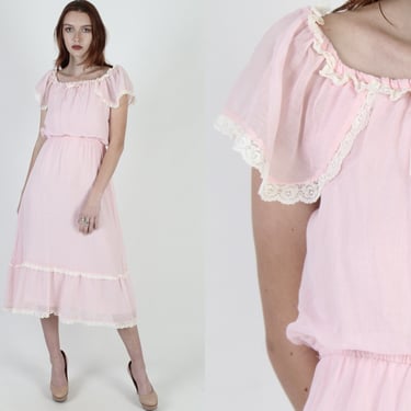 Vintage 70s Simple Country Dress, Pink Garden Wedding Dress, Off the Shoulder Dress, Prairie CottageCore Midi Mini Dress 