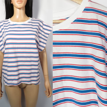 Vintage 80s Red White And Blue Striped Muscle Tee Size M/L 
