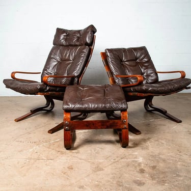 Mid Century Danish Modern Lounge Chairs Brown Leather Bentwood Ottoman Set Pair