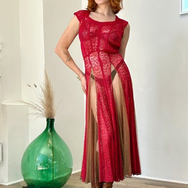 Vintage 1930s Dress / 30s Sheer Lace Maxi Dress With Mesh Panels / Red Brown ( S M ) 