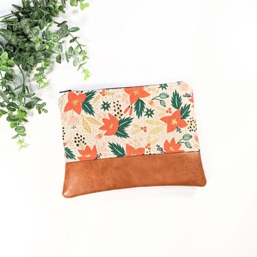 Rifle Paper Makeup Bag: Holiday Poinsettia Print/ Travel Pouch/ Vegan Leather 