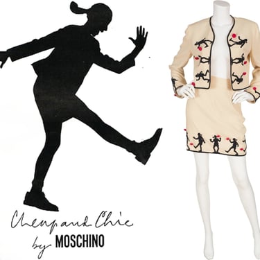 Moschino 1990s Vintage Olive Oyl Silhouette Cream Wool Skirt Suit Sz XS 