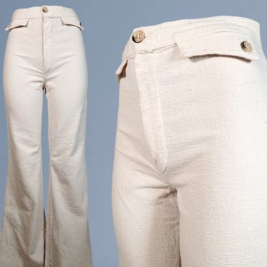 Natural cotton vintage pants 1970s beach slacks boiled cotton crépe cream bell bottoms boho hippie comfort (29 x 34) 