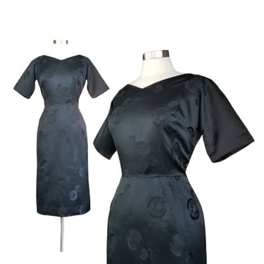 Vintage Black Satin Cocktail Dress, Large / 1950s Asian Inspired Jacquard Party Dress / Classic Mid Century 50s Bombshell Cocktail Dress 