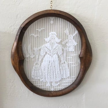 Vintage Dutch Lady Lace Wall Decor, Vintage Framed Cross Stitch Art, Vintage Holland Scenery Decor, Bohemian Eclectic Art by Mo