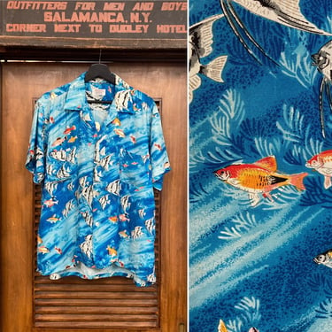 Vintage 1950’s “Penney’s” Label Underwater Fish Rayon Hawaiian Shirt, 50’s Tropical, Vintage Clothing 