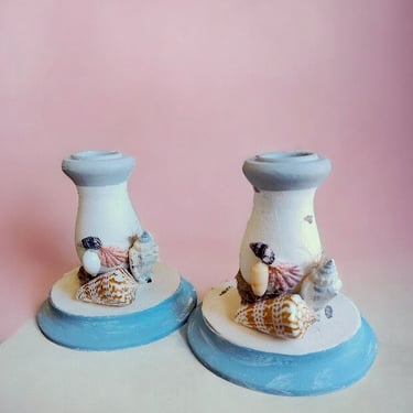 VINTAGE inspired wooden candleholders adorned with natural shells Rustic beach cottage candleholders made from reclaimed wood and shells 