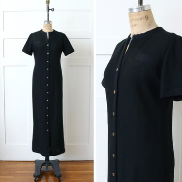 vintage late 1970s black knit dress • casual button-up long shift dress by Leslie Fay • short sleeves & pocket detail 