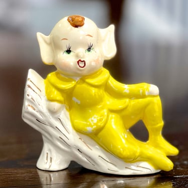 VINTAGE: 1950s - Yellow Pixie Elf Ceramic Figurine - Made in Japan - SKU 00035143 