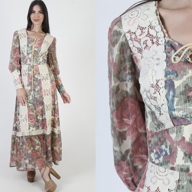 Bohemian Corset Dress, Zipper Sleeve Prairie, Vintage 70s Cottagecore, Victorian Rose Floral Print 