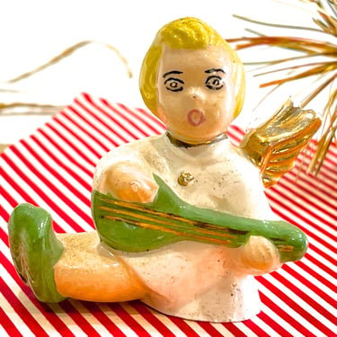 VINTAGE: Old Ceramic Angel Figurine - Small Angel Playing Mandolin - Christmas - Holiday - SKU 24-C-00034763 