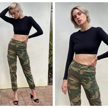 Vintage Camouflage Pants / 1980's Army Green Easy Slacks / High Waist Cotton Jeans 