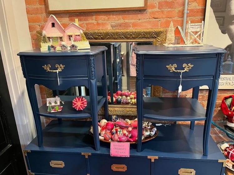 Blue painted faux French nightstands. 21” x17” x 28” 