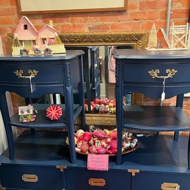 Blue painted faux French nightstands. 21” x17” x 28” 