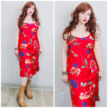 1990s Vintage Red Poly Silk California Dynasty Slip Dress / 90s / Nineties Floral Backless Strappy Bias Cut Nightgown / Medium - Large 