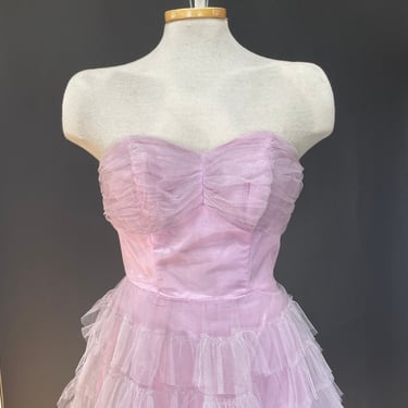 Vintage 1950s 1960s  Sweetheart Neckline Dress Strapless Metal Zipper Lilac Taffeta lining Sheer Pink Purple Lavender Tulle  gown 
