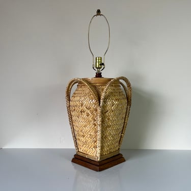 Vintage Organic Hand Woven Chevron Pattern Base Rattan Table Lamp 
