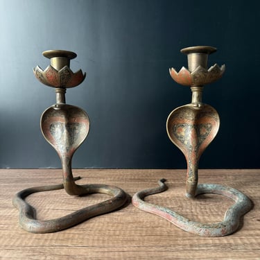 King cobra candle holders - Enameled Bronze Candle Holders With King Cobra Design 