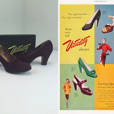 All Those New Colours - Vintage NOS 1940s 1950s Burgundy Nubuck Leather Heels Shoes w/Box - 6 