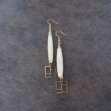 Long cream hairpipe mid century earrings 