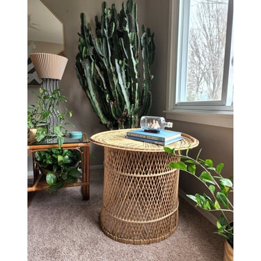 Vintage Wicker Drum Table | Boho Rattan Round Accent Table | MCM Barrel Side Table/ End Table/ Coffee Table/ Plant Stand 