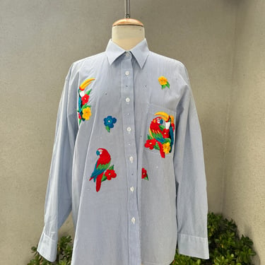 Vintage kitsch shirt blouse embroidered birds Sz Large by Mili Designs 