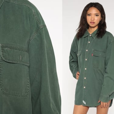 Levis Denim Shirt 90s Green Button Up Shirt LEVI STRAUSS Long Sleeve Cotton Oversized Button Down 1990s Men's Extra Large xl 