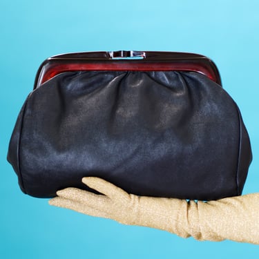 Vintage 1980s Black Leather Clutch Handbag with a Lucite Clasp 