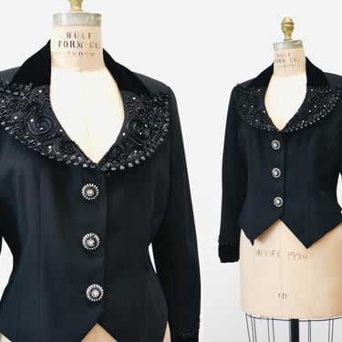 90s Vintage Black Rhinestone Party Jacket Blazer Medium//  90s Glam Formal Black Tie Black beaded Jacket Medium Criscione Rhinestone buttons 