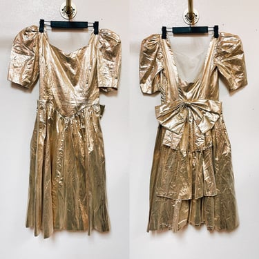 1980s Gold Foil Dress w Puffy Shoulders, Low Back & Large Bow 