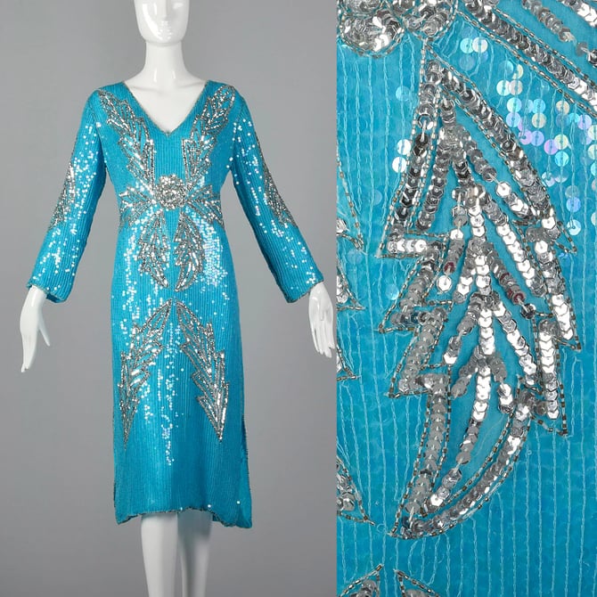 Medium 1970s Blue Silk Sequin Dress Vintage India Silk Dress 70s Beaded Cocktail Dress Vtg Blue Party Dress 