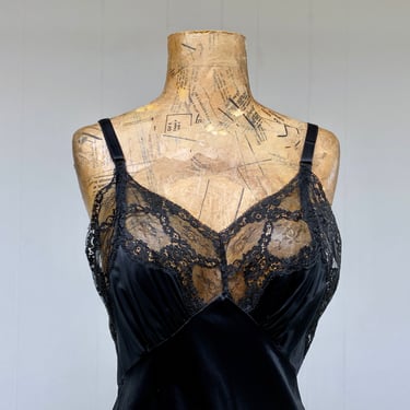Vintage 1960s Black Nylon Lace Full Slip, Mid-Century Dress Slip, Small 34
