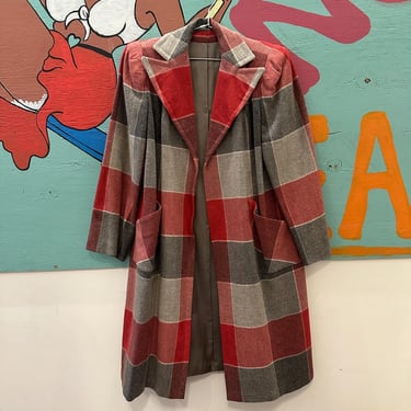 1930s / 1940s Red and Grey Wool Oversize Plaid Windowpane Coat / Shoulder Pads / National Recovery Board / Woolshire / Large / Medium Opera 