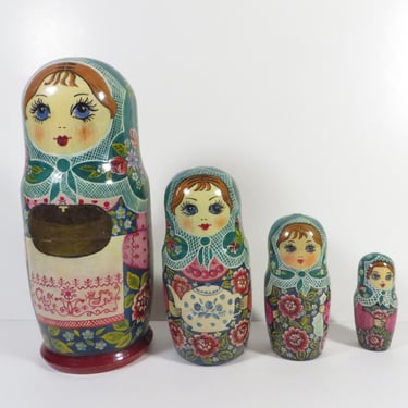 Vintage Wood Nesting Dolls - Stacking Set of 4 Babushka Wooden Russian Dolls 