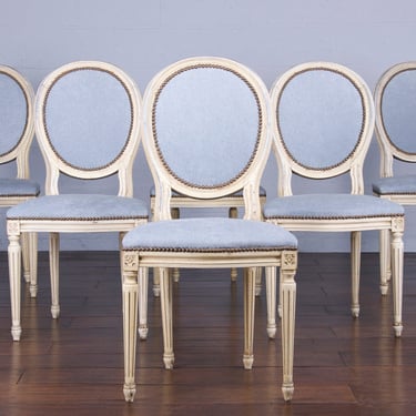 Antique French Louis XVI Style Provincial Painted Dining Chairs W/ Dusty Blue Chenille - Set of 6 